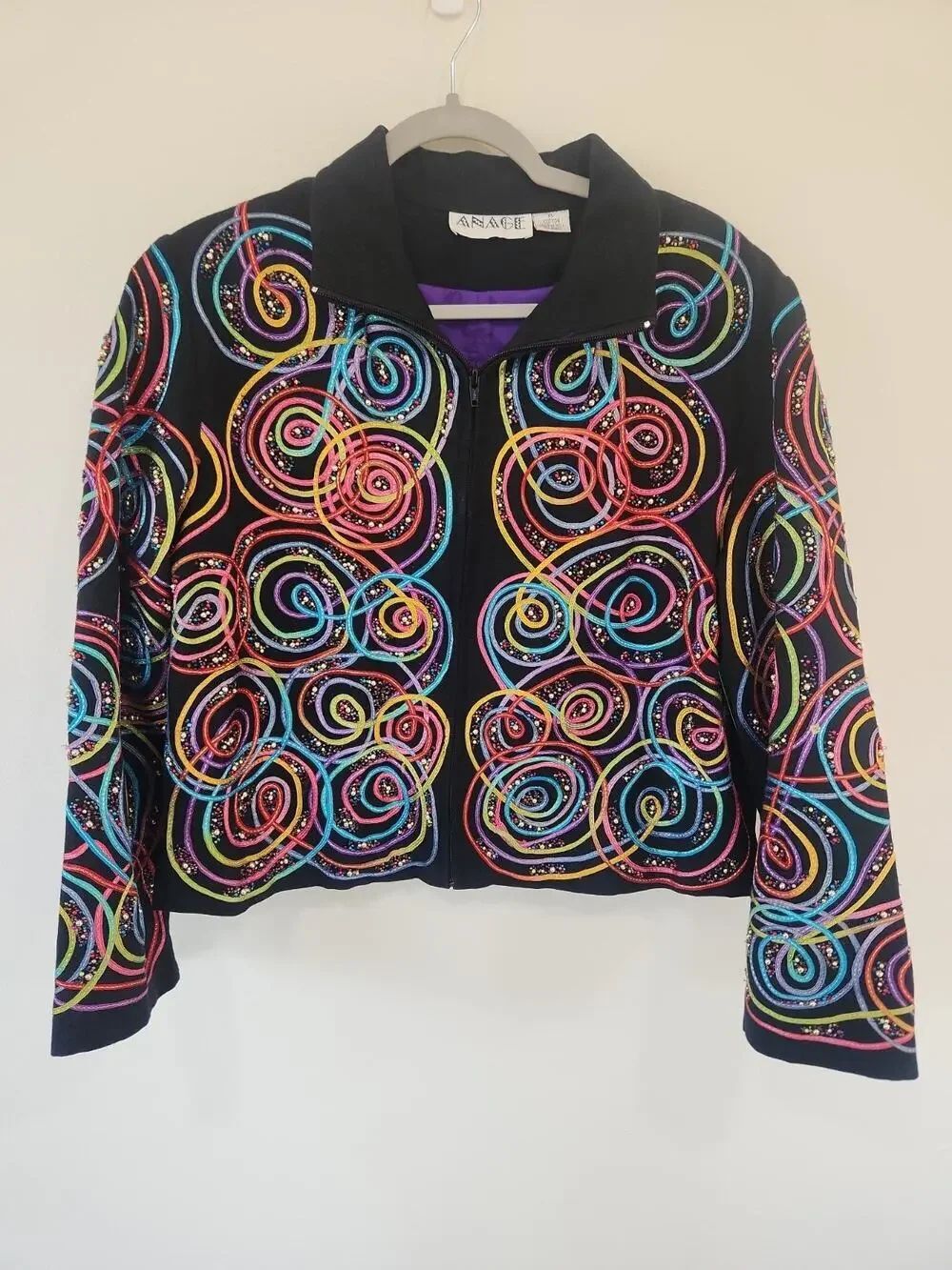 Ladies Multicolor Jacket Anage Size XL Zip Up BEADED Embellished Artsy